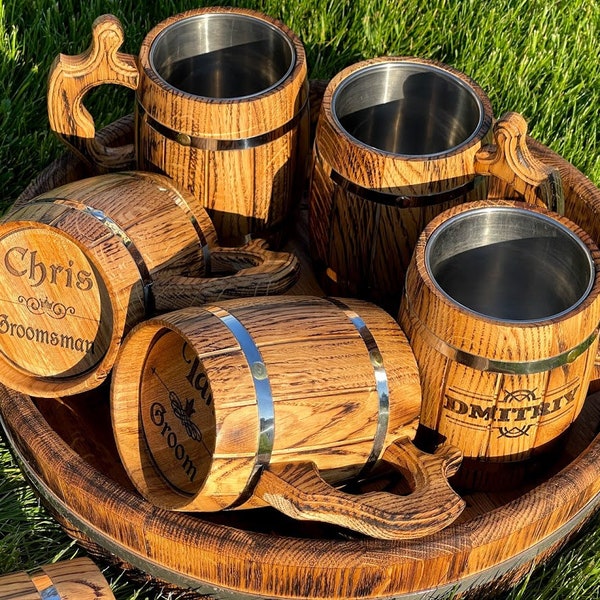 Set of 3, 4, 6 Wooden Beer Mugs, Personalized Handmade Vintage Mug, Groomsmen Beer Mug, Viking Tankard, Beer Stein, Tankard Set Viking Cup