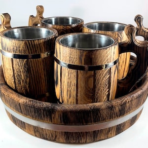 Tavern Mug, Wooden Viking Tankard Set of 3, 4, 6 Beer Mugs with Oak Tray, Beer Stein, Personalized Medieval Dwarven Mug, Groomsmen Beer Cup