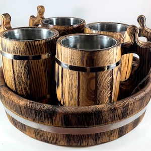 Set of 3, 4, 6 Wooden Beer Mugs with Oak Tray, Wedding Party Gifts, Personalized Vintage Mug, Groomsmen Beer Cup, Viking Tankard, Beer Stein