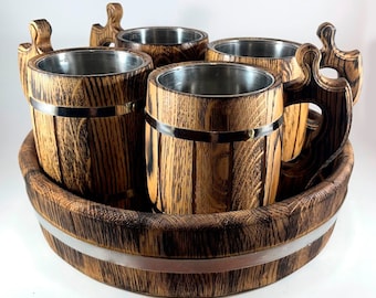 Tavern Mug, Wooden Viking Tankard Set of 3, 4, 6 Beer Mugs with Oak Tray, Beer Stein, Personalized Medieval Dwarven Mug, Groomsmen Beer Cup