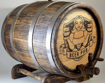 May include: A wooden barrel with metal bands and a tap, decorated with a laser-engraved image of a woman holding beer mugs and the text "Beer Pub".