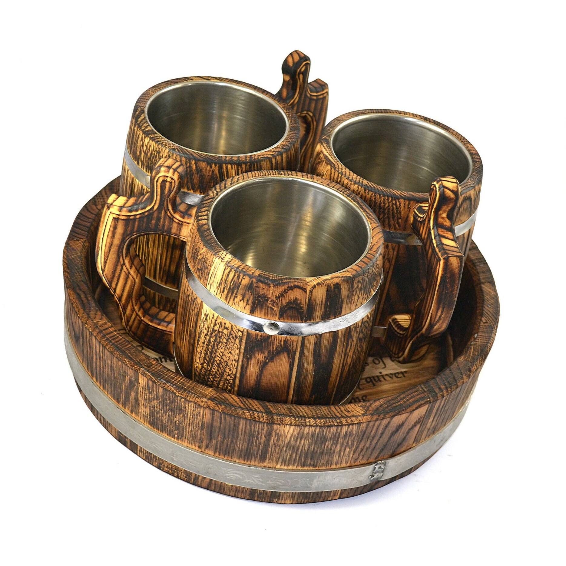 Meyas Botte di legno per birra, boccale di legno, in acciaio inox, per bar, decorazione domestica, bicchierino a doppia parete con manico, 17 oz/500 ml