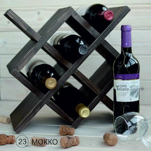 Alma Wine Rack–Wooden Tabletop Bottle Stand–Personalized Handmade Wine Holder– Modern Wood Shelf – Whiskey-Rum-Bourbon Lover, Wine Gift Idea