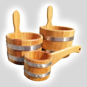 Hölzerner Eicheneimer 3-5 L, Saunakelle, Holzschaufel, Holzeichenfass, Wasserfass für Sauna, russischer Badeaufguss, Spa-Zubehör