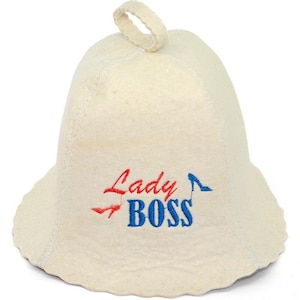 Custom &quot;Lady BOSS&quot; Sauna Hat – 100% Wool Felt Bath Hat – Classic Banya & Steam Room Cap – Universal Size–Gift for Sauna Lover-Sauna Wellness