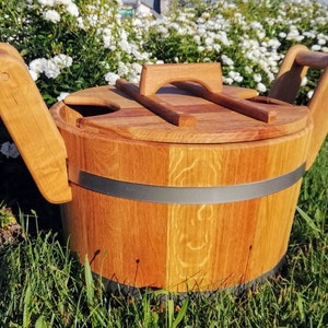 Wooden Oak Steamer 25L, Wood Bucket with Lid for Steaming Brooms Water Barrel for Sauna Russian Bath Infusion Сontainer Spa Accessories