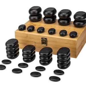Custom 36-Piece Basalt Hot Stone Massage Set | Full Body Stone Therapy Kit in Bamboo Box | Spa & Wellness Relaxation-Volcanic Rock, Spa Gift