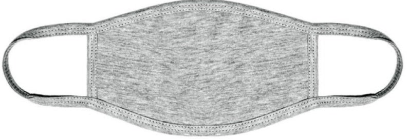 May include: A gray face mask made of soft, breathable fabric. The mask has a simple design with no embellishments.