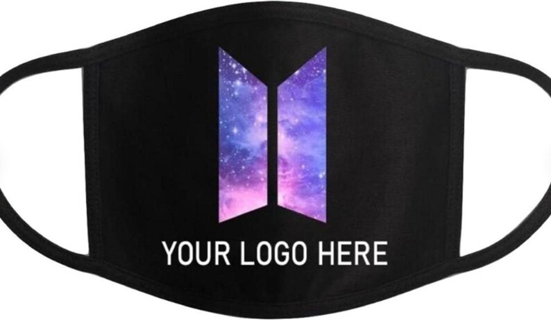 May include: Black face mask with a galaxy-themed "BTS" logo and the text "YOUR LOGO HERE" printed in white.