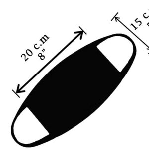 May include: Black face mask with white elastic ear loops. The mask measures 8 inches wide and 5.5 inches tall.