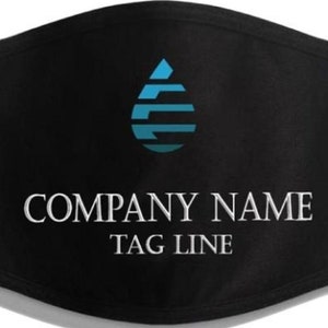 May include: Black face mask with a blue water drop logo and the text "COMPANY NAME TAG LINE" in white.
