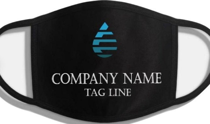May include: Black face mask with a blue water drop logo and the text "COMPANY NAME TAG LINE" in white.