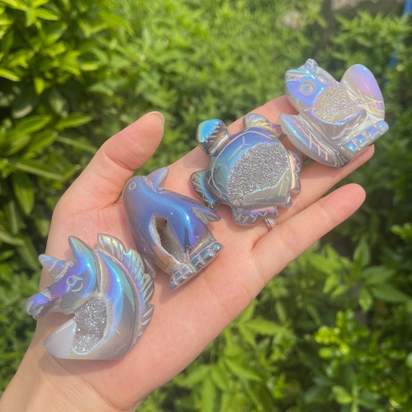 Figurine animal Aura Druzy Agate, Aura Druzy Agate Tortue/Licorne/Manchot/Hibou, Aura Crystal Animal, Agate Druzy arc-en-ciel, Cadeau en cristal