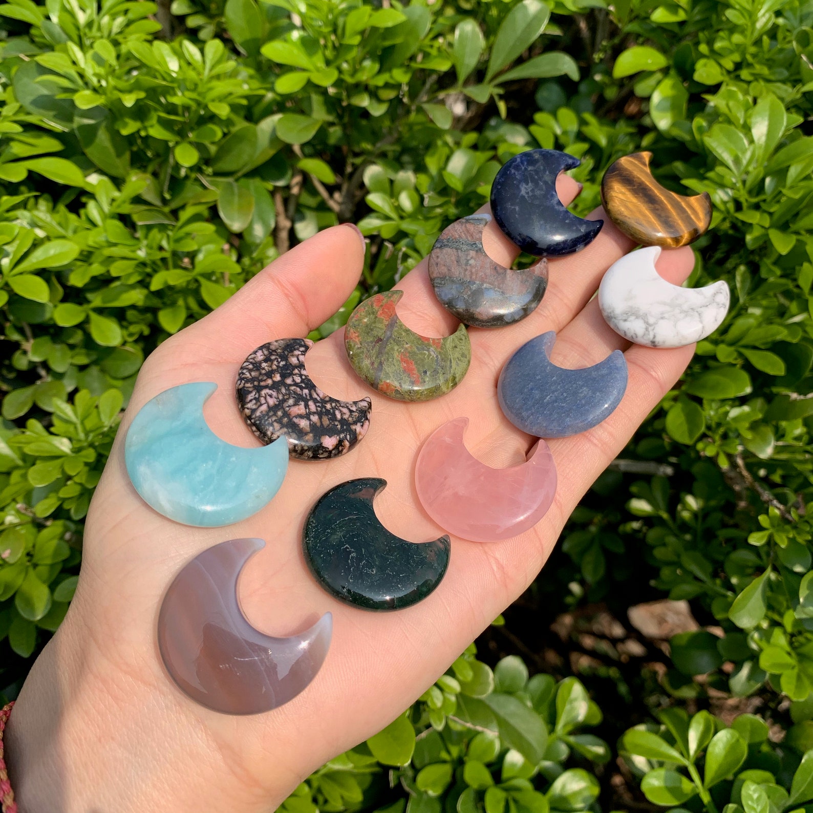 11 Choices Gemstone Moon Hand Carved Crystal Moon Crescent Etsy