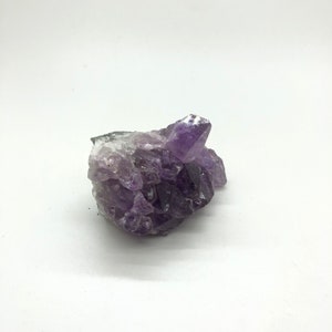May include: A cluster of amethyst crystals in shades of purple and white. The crystals are arranged in a natural, organic shape.