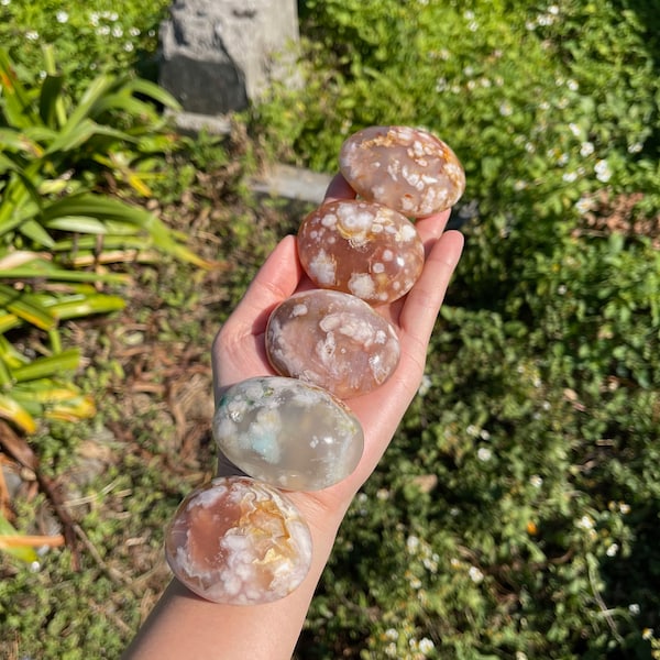 Sakura Flower Agate Palm Stone, Cherry Blossom Agate Palm Stone, Crystal Palm Stone, Chakra Stone, Healing Crystal