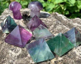 AAA Rainbow Fluorite Pyramid and Mushroom Set, Hand Carved Crystal