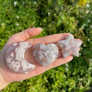 Sakura Flower Agate Crescent Moon, Sakura Flower Agate Heart, Sakura Flower Heart Star, Healing Crystal, Crystal Gift