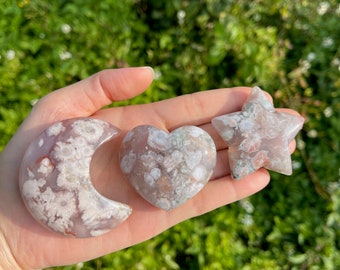 Sakura Flower Agate Crescent Moon, Sakura Flower Agate Heart, Sakura Flower Heart Star, Healing Crystal, Crystal Gift