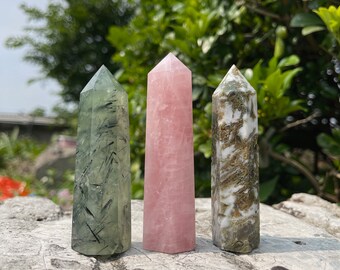 Parure de tour de cristal, préhnite, agate mousse, quartz rose, soin énergétique