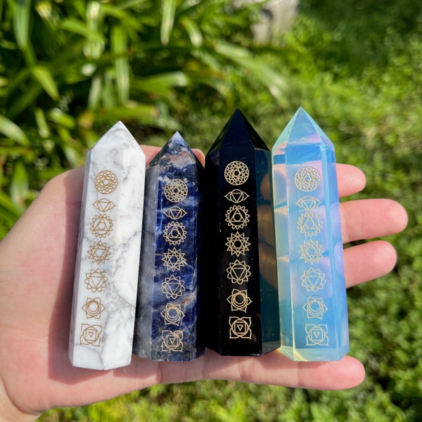 7 Chakra Charging Crystal Wand, Chakra Crystal Tower, Obsidian, Opalite, Howlite, Sodalite, Healing Crystal, Meditation Crystal