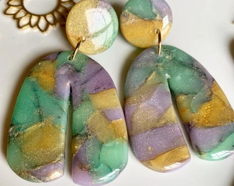 Mardi Gras Earrings | Arches | Dangles | Purple | Gold | Green Earrings | polymer clay earrings | gold leaf earrings