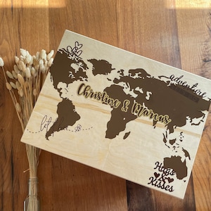 Personalisierte Erinnerungskiste Hochzeit, Holzbox, Reisen, Aufbewahrung, Urlaubserinnerungen aufbewahren, Geschenk zur Hochzeit, Weltkarte
