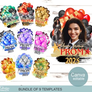 Prom Send Off 2025 t-shirt templates, Bundle of 9 Canva editable files, Grad 2025 balloons digital background, Sublimation, School colors