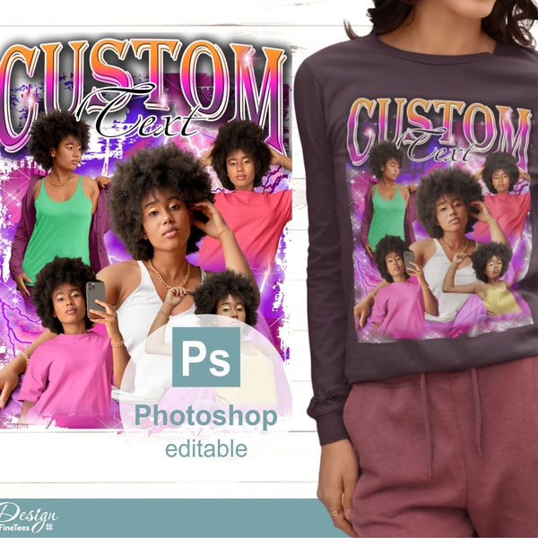 90s Bootleg T Shirt Template PSD File, Photoshop Psd Tshirt design, Purple-Pink Vintage Shirt file Editable with Photoshop, Sublimation, DIY