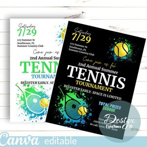 Tennis Tournament Flyer template, 2 colors (black & white background), Tennis Flyer, Sports Event Announcement, Canva Editable, Printable