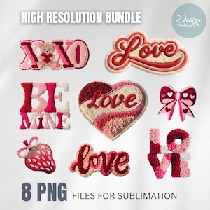 Peut inclure: Un ensemble de huit fichiers PNG pour sublimation, présentant des motifs sur le thème de la Saint-Valentin. Les motifs comprennent les mots "XOXO", "Love", "Be Mine", un cœur, un nœud et une fraise, en nuances de rouge et de rose.