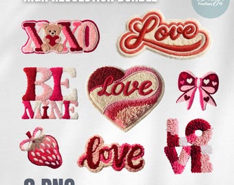 Valentine Tufted Embroidery PNG Bundle, Chenille Patch Style, 8 Cozy Love Designs for Sublimation