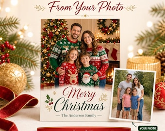 Custom Christmas Card from Photo, Personalized Family Holiday Portrait, AI Christmas Background & Outfit, Digital 5x7 Card