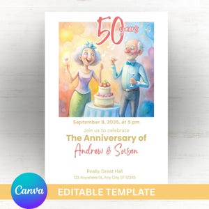 Invitación divertida para el 50.º aniversario de bodas / Plantilla Canva para aniversarios de oro (18x13 cm) / Descarga digital / Invitación imprimible y editable