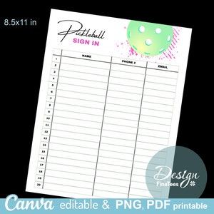 Hoja de inicio de sesión de Pickleball, Canva editable, plantilla de formulario de registro de evento deportivo, diseño de página de registro imprimible, rastreador de inicio de sesión