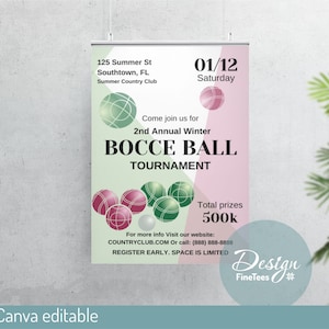 Bocciabollaffischmall, Canva redigerbar turneringsflyer, sportevenemangsmeddelande, tennisbutik, gör-det-själv-projekt utskrivbart