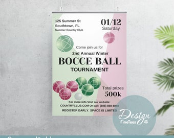 Bocce ball poster template, Canva Editable Tournament flyer, Sports Event Announcement, Tennis Shop, DIY project Printable