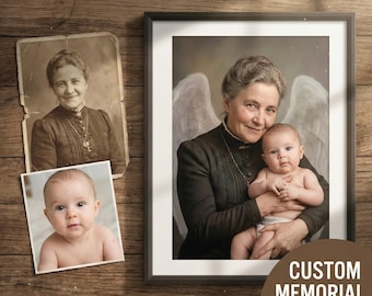 Guardian Angel Memorial Portrait with Wings | Deceased Loved One Watching from Heaven | Spirit Style & Religious Art | Combine Photos