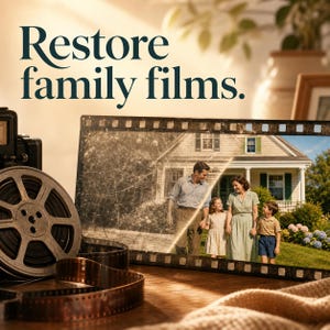May include: A vintage film reel and strip of film next to a rectangular frame displaying a split image of a family standing in front of a house. The left side of the image is aged and scratched, while the right side is restored. Text reads: Restore family films.