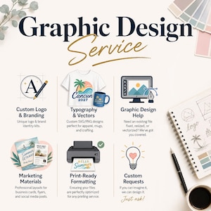 May include: A graphic design service advertisement featuring the text Graphic Design Service. It displays icons for custom logo branding, typography and vectors on a t-shirt and mug, graphic design help, marketing materials, print-ready formatting, and custom requests with a lightbulb icon, alongside a notebook and pen.