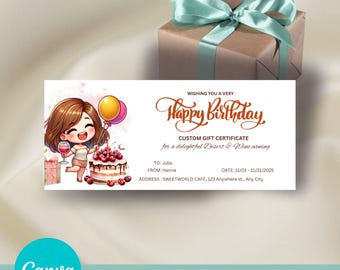 Editable Birthday Gift Certificate, Canva Template, Gift Voucher Printable, Digital Spa Gift Card, Last Minute Gift for Her, PDF, PNG, JPG