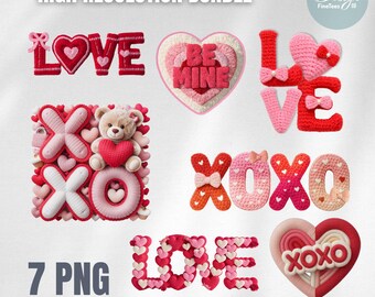 Knitted Valentine PNG Bundle, Love, Xo-xo, Be Mine & Hearts, 7 Cozy Designs for Sublimation, Stickers and Crafts