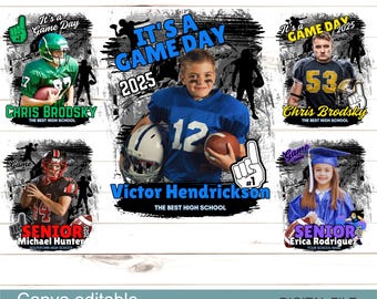 Senior 2026 Sports Template Bundle, 5 Colors Canva Editable Backgrounds, Football Graduation PNG Set