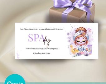 Editable Spa Day Gift Certificate, Canva Template, Printable Voucher, Digital Spa Gift Card, Last Minute Gift for Her, PDF, PNG, JPG