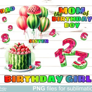 Clipart de aniversário de melancia, pacote PNG, números, palavras de arco-íris, aniversariante/menina, transferência de sublimação, pressione, download instantâneo