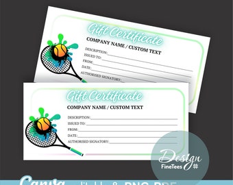 Tennis Gift Certificate template, Canva editable, PDF, PNG printable, Tennis pro shop Coupon Voucher, Rackets & Supplies Gift Voucher