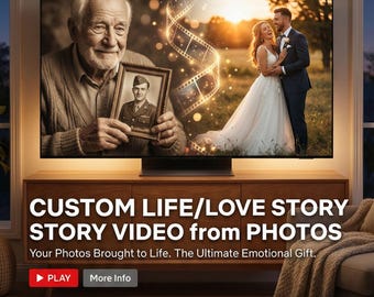 Pode incluir: Uma televisão de tela plana exibindo uma montagem de vídeo de uma pessoa idosa segurando uma foto emoldurada de um soldado, ao lado de uma noiva e um noivo em um campo. O texto na tela diz: CUSTOM LIFE/LOVE STORY VIDEO from PHOTOS. Your Photos Brought to Life. The Ultimate Emotional Gift.