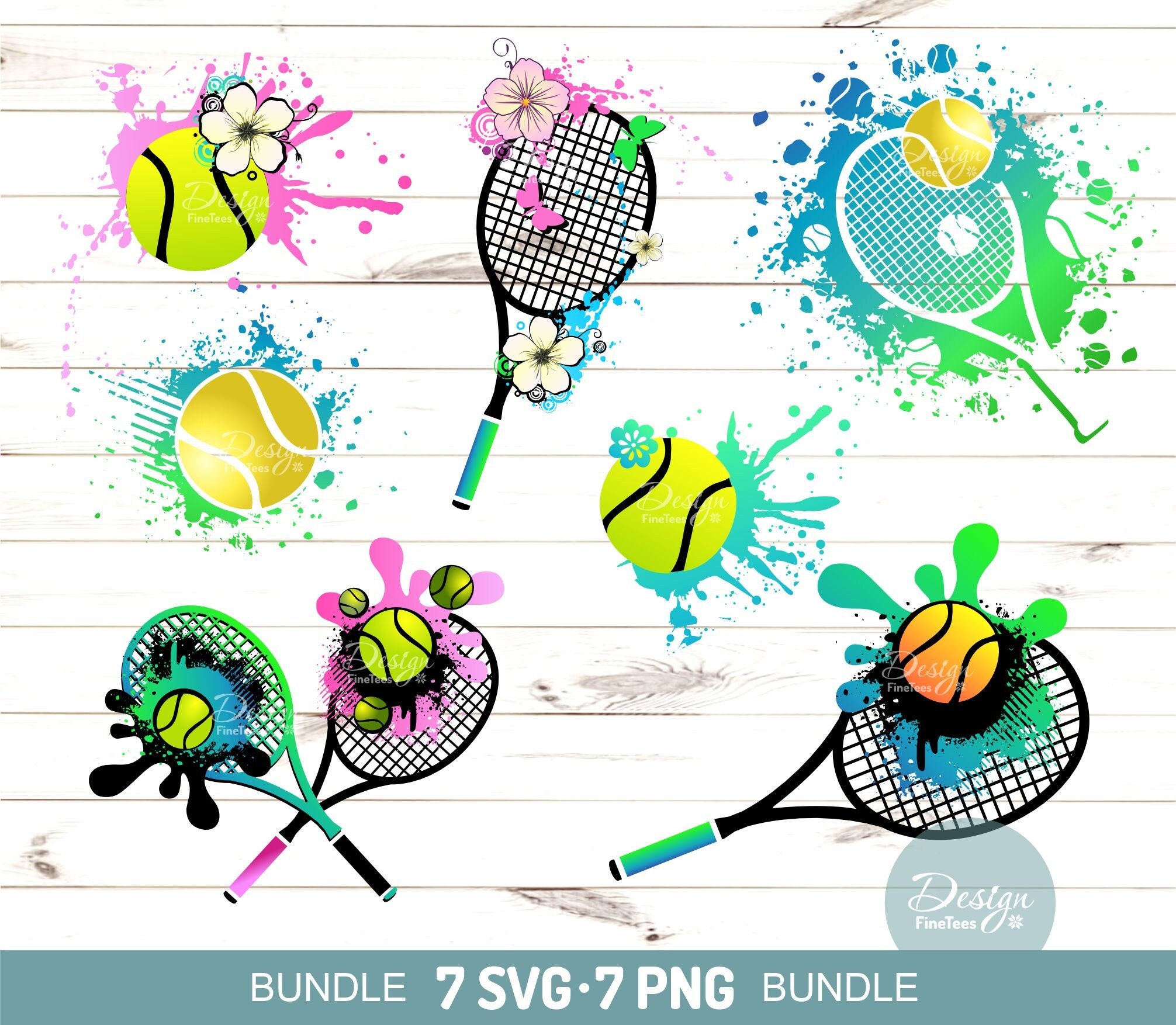 テニス バンドル、7 つの SVG PNG ファイル、テニス ベクター クリップアート、ラケット スポーツ、昇華転写、レーザー CNC、シルエット、クリカット、スタジオ、デジタル