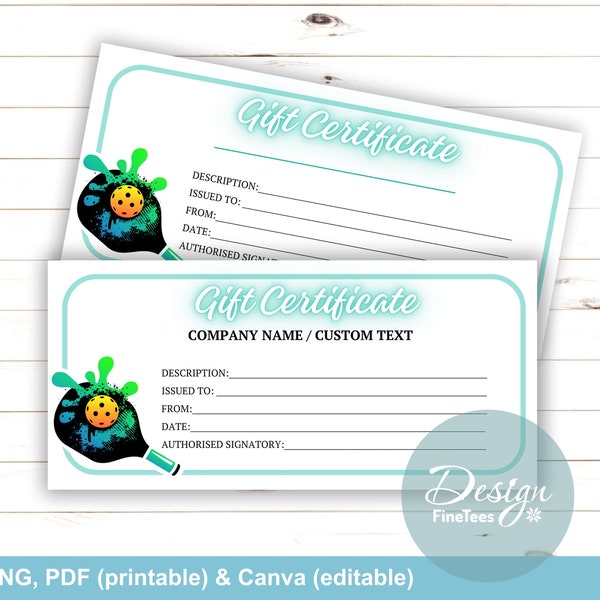 Pickleball Gift Certificate template editable printable, PDF, PNG, Canva, Pickleball Lessons Coupon Voucher, Paddles & Supplies Gift Voucher