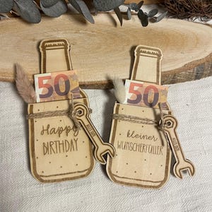 Holzkarte für Geldgeschenke / Verpackung aus Holz  für Geldscheine / Geldgeschenk / Bierflasche / Wunscherfüller / Happy Birthday